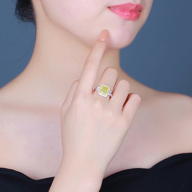 Silver Plated Anti Tarnish American Diamond Crushed Ice Cut Yellow Geometric Finger Ring - MySmartBazaar