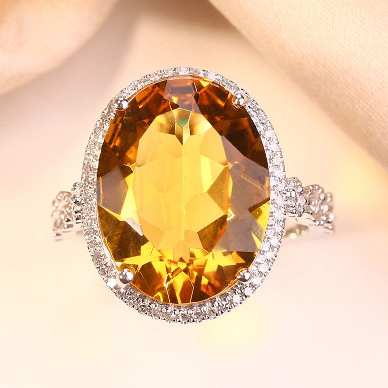 Silver Plated Anti Tarnish American Diamond Crushed Ice Cut Yellow Oval Finger Ring - MySmartBazaar