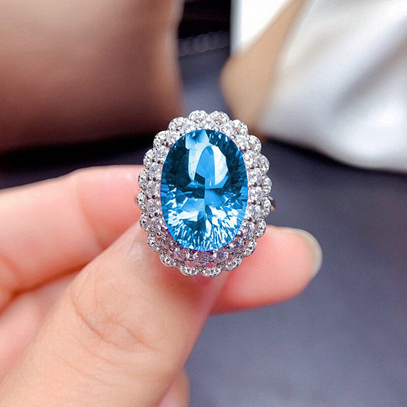 Silver Plated Anti Tarnish American Diamond Crushed Ice Cut Blue Oval Finger Ring - MySmartBazaar