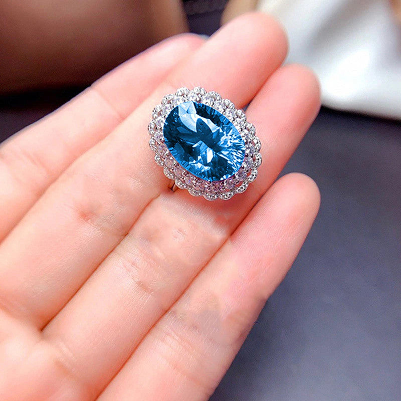 Silver Plated Anti Tarnish American Diamond Crushed Ice Cut Blue Oval Finger Ring - MySmartBazaar