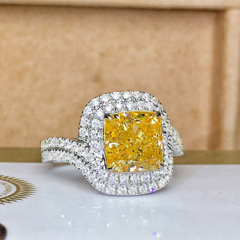 Silver Plated Anti Tarnish American Diamond Crushed Ice Cut Square Shape Yellow Finger Ring - MySmartBazaar