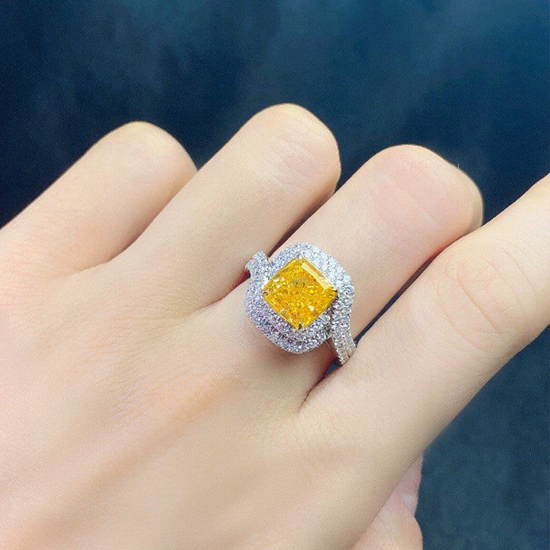 Silver Plated Anti Tarnish American Diamond Crushed Ice Cut Square Shape Yellow Finger Ring - MySmartBazaar