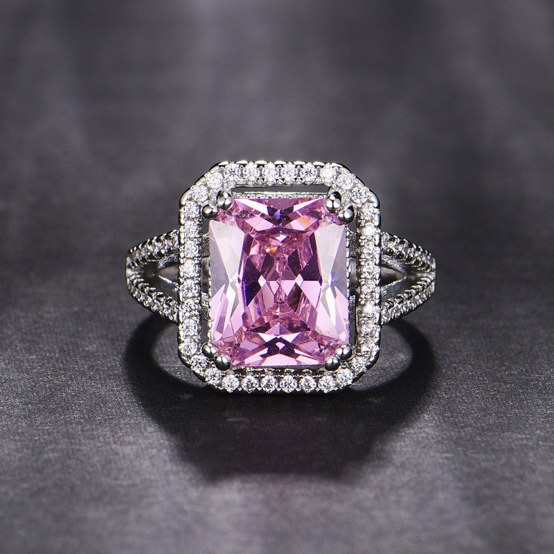 Silver Plated Anti Tarnish American Diamond Crushed Ice Cut Rectangular Pink Finger Ring - MySmartBazaar