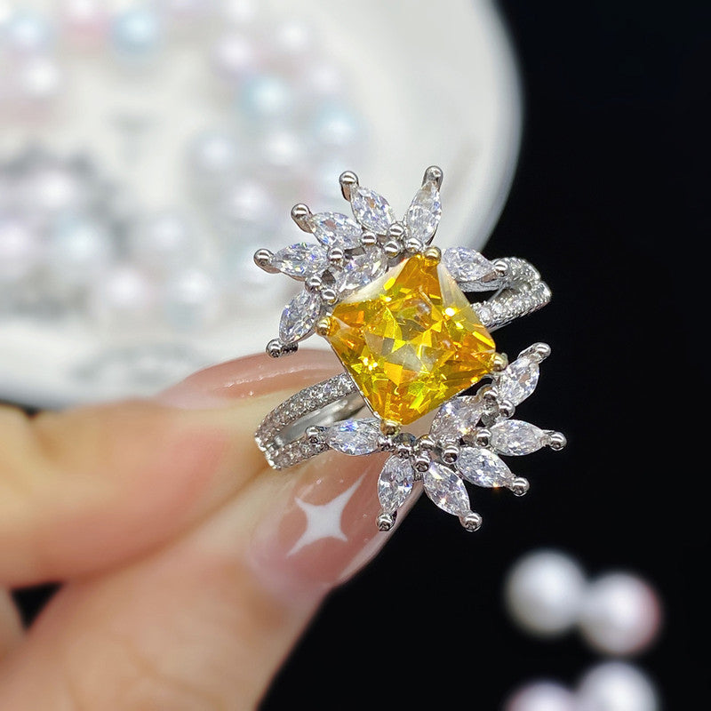 Silver Plated Anti Tarnish American Diamond Crushed Ice Cut Yellow Contemporary Finger Ring - MySmartBazaar