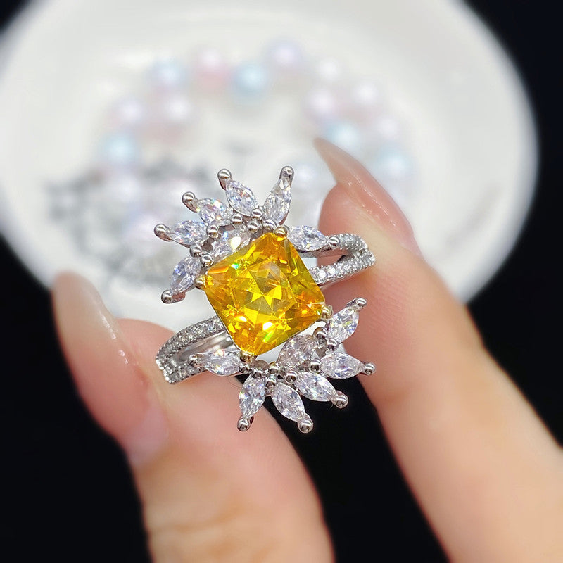 Silver Plated Anti Tarnish American Diamond Crushed Ice Cut Yellow Contemporary Finger Ring - MySmartBazaar