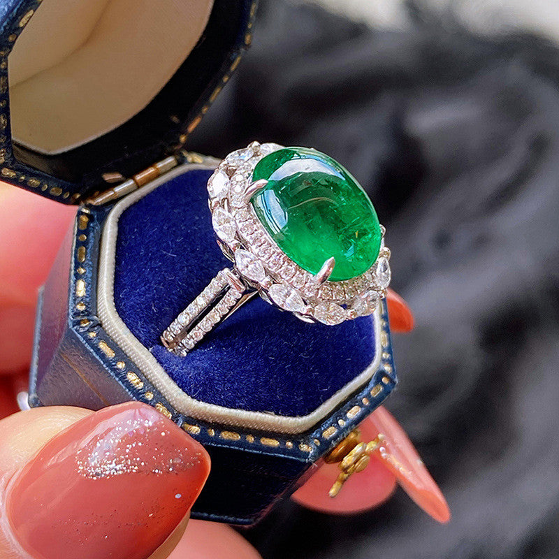 Silver Plated Anti Tarnish American Diamond Crushed Ice Cut Green Oval Shape Finger Ring - MySmartBazaar