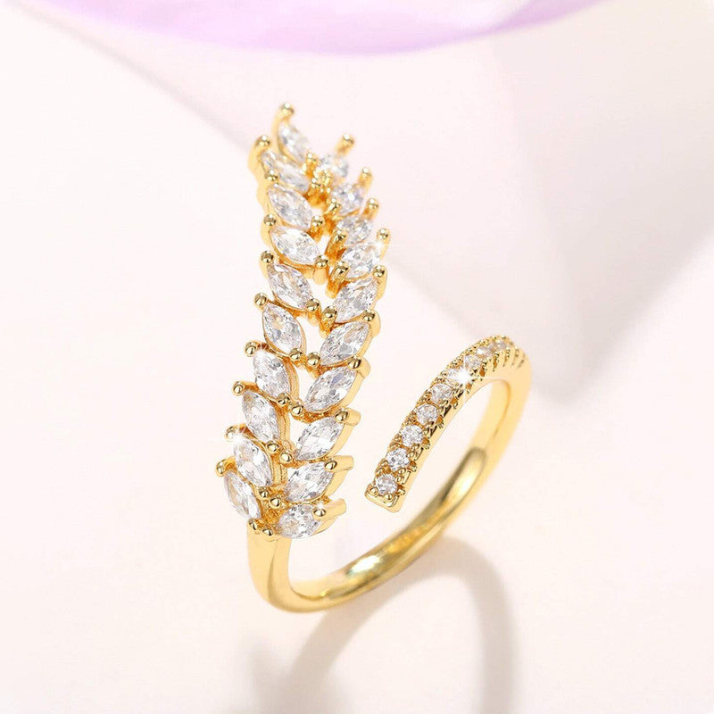 Gold Plated CZ Stone-Studded Leaf inspired Adjustable Finger Ring