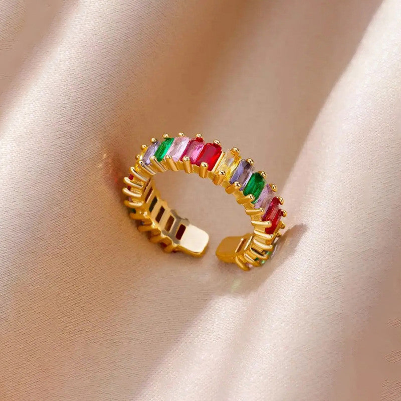 Gold Plated Stainless Steel Anti Tarnish Multicolor Adjustable Finger Ring For Women