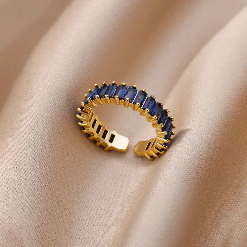Gold Plated Stainless Steel Anti Tarnish Blue Adjustable Finger Ring For Women