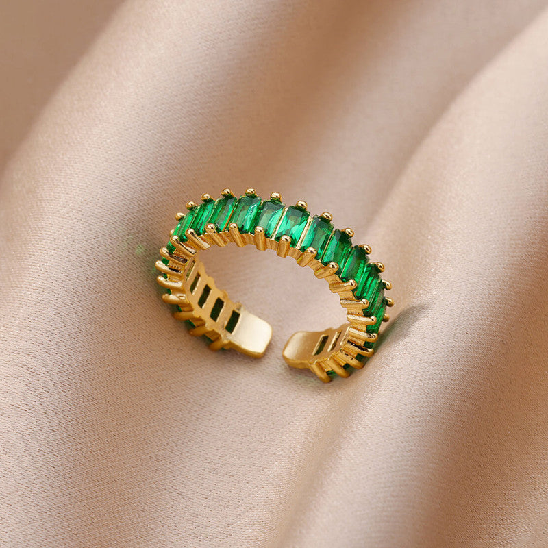 Gold Plated Stainless Steel Anti Tarnish Green Adjustable Finger Ring For Women