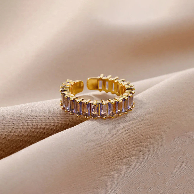 Gold Plated Stainless Steel Anti Tarnish Purple Adjustable Finger Ring For Women