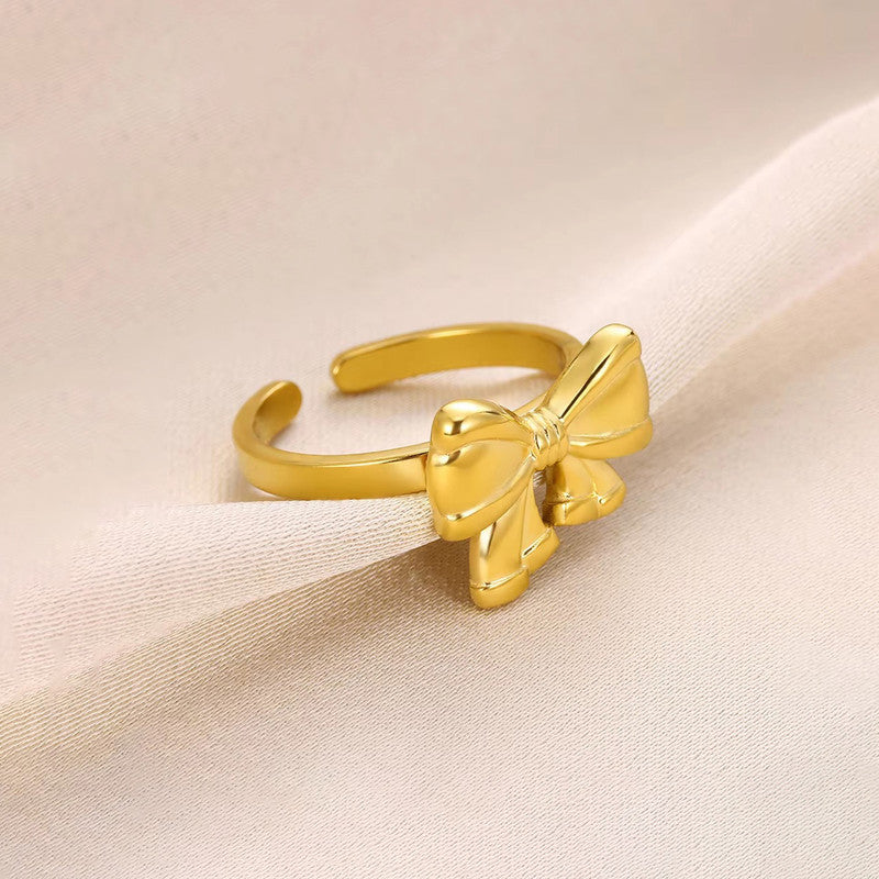 Gold Plated Stainless Steel Anti Tarnish Bow Themed Adjustable Finger Ring For Women