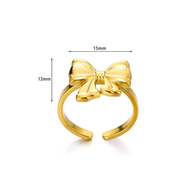Gold Plated Stainless Steel Anti Tarnish Bow Themed Adjustable Finger Ring For Women
