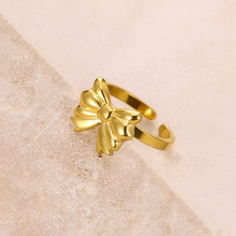 Gold Plated Stainless Steel Anti Tarnish Bow Themed Adjustable Finger Ring For Women