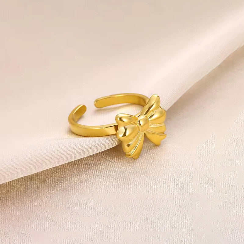 Gold Plated Stainless Steel Anti Tarnish Bow Themed Adjustable Finger Ring For Women