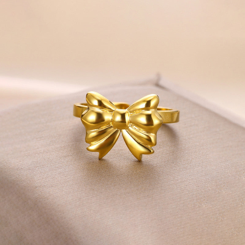 Gold Plated Stainless Steel Anti Tarnish Bow Themed Adjustable Finger Ring For Women
