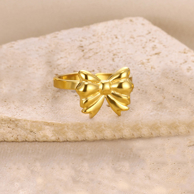 Gold Plated Stainless Steel Anti Tarnish Bow Themed Adjustable Finger Ring For Women
