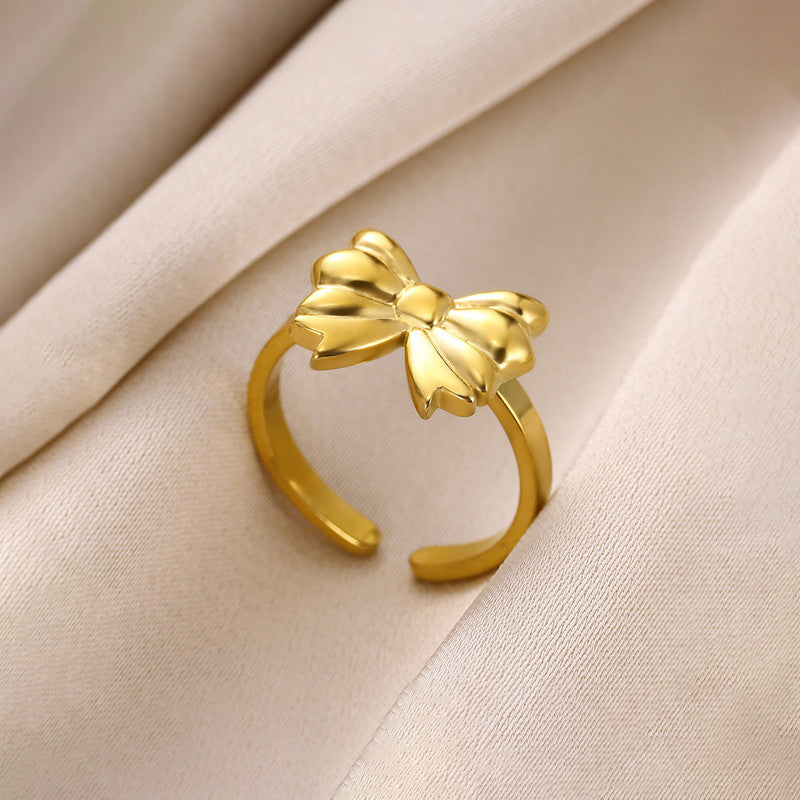 Gold Plated Stainless Steel Anti Tarnish Bow Themed Adjustable Finger Ring For Women
