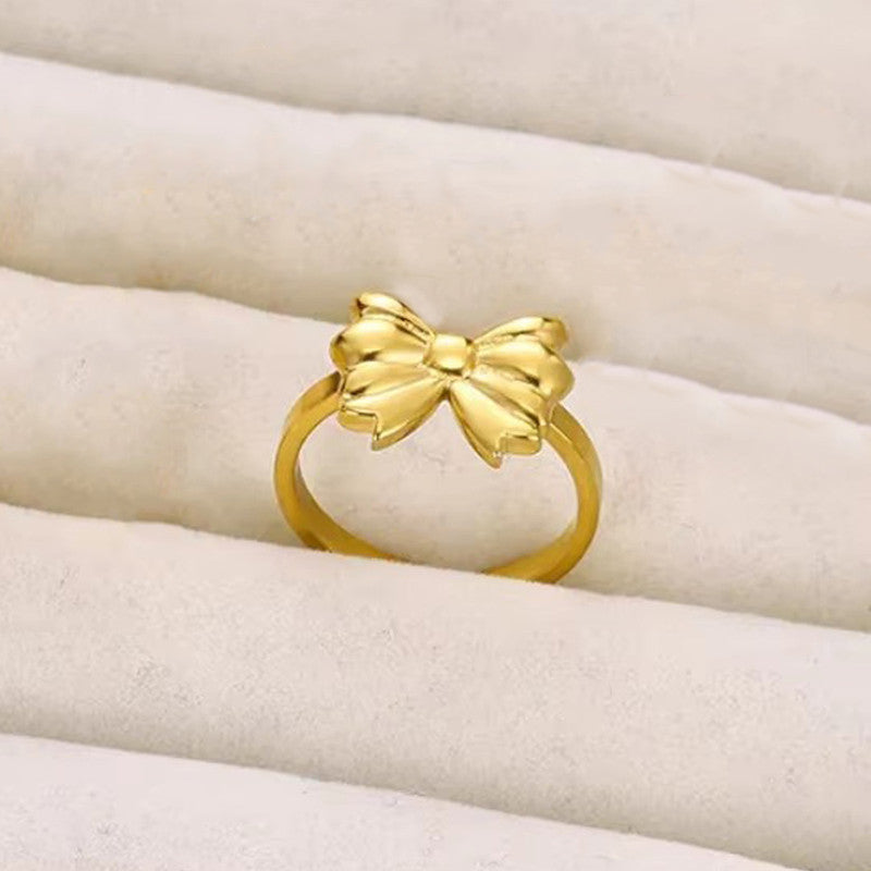 Gold Plated Stainless Steel Anti Tarnish Bow Themed Adjustable Finger Ring For Women