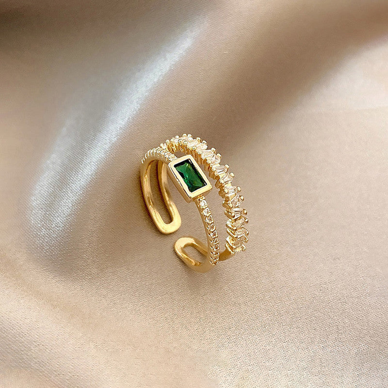 Gold Plated Stainless Steel Anti Tarnish Green Emerald Studded Adjustable Finger Ring