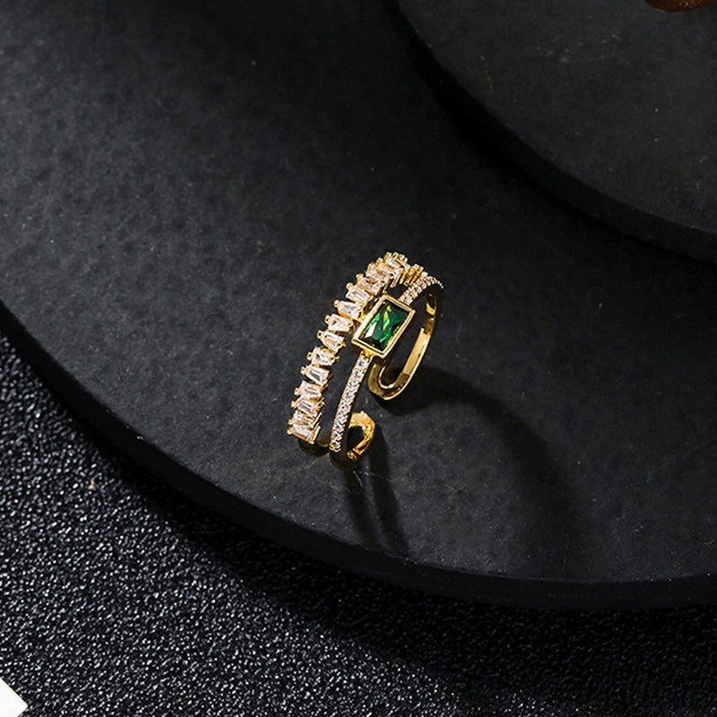 Gold Plated Stainless Steel Anti Tarnish Green Emerald Studded Adjustable Finger Ring