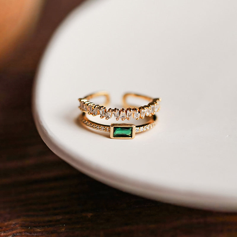 Gold Plated Stainless Steel Anti Tarnish Green Emerald Studded Adjustable Finger Ring