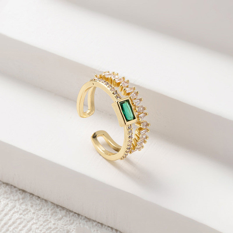 Gold Plated Stainless Steel Anti Tarnish Green Emerald Studded Adjustable Finger Ring