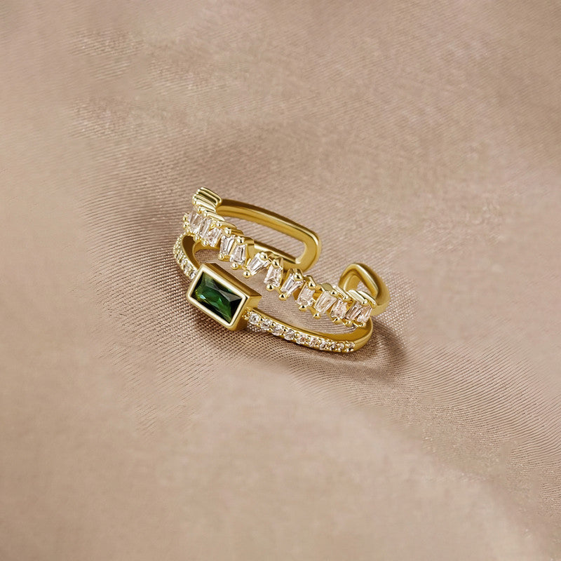 Gold Plated Stainless Steel Anti Tarnish Green Emerald Studded Adjustable Finger Ring