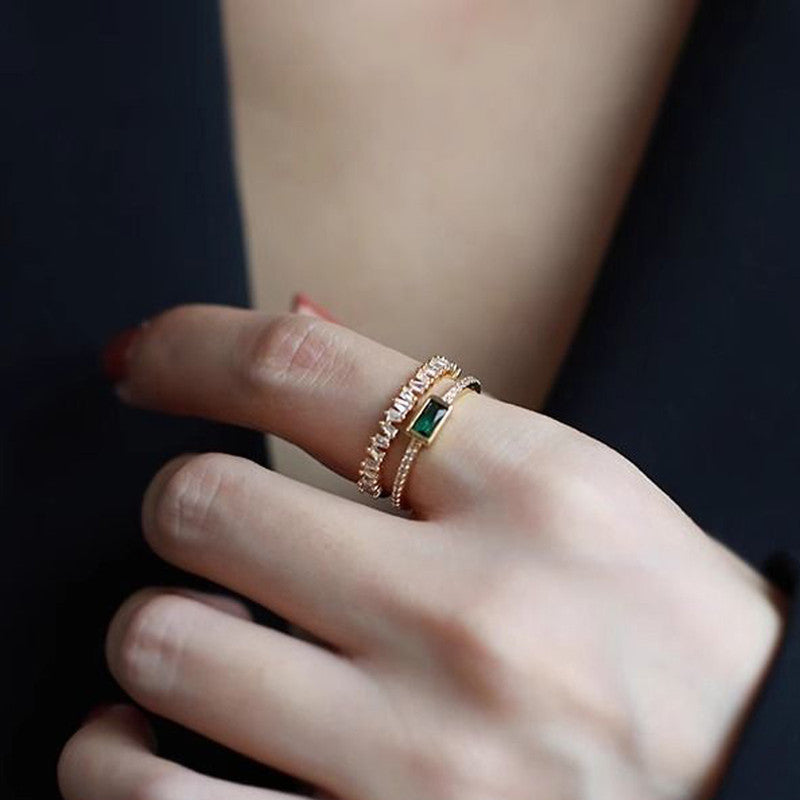 Gold Plated Stainless Steel Anti Tarnish Green Emerald Studded Adjustable Finger Ring