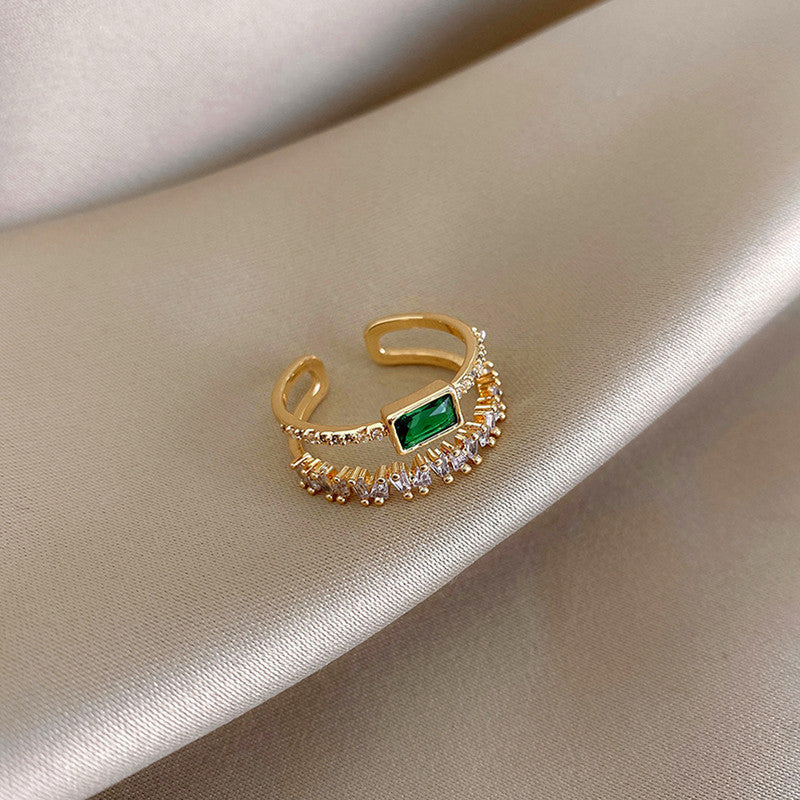Gold Plated Stainless Steel Anti Tarnish Green Emerald Studded Adjustable Finger Ring