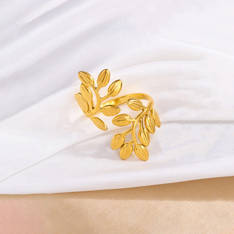 Gold Plated Anti Tarnish Stainless Steel Leaf Themed Adjustable Finger Ring