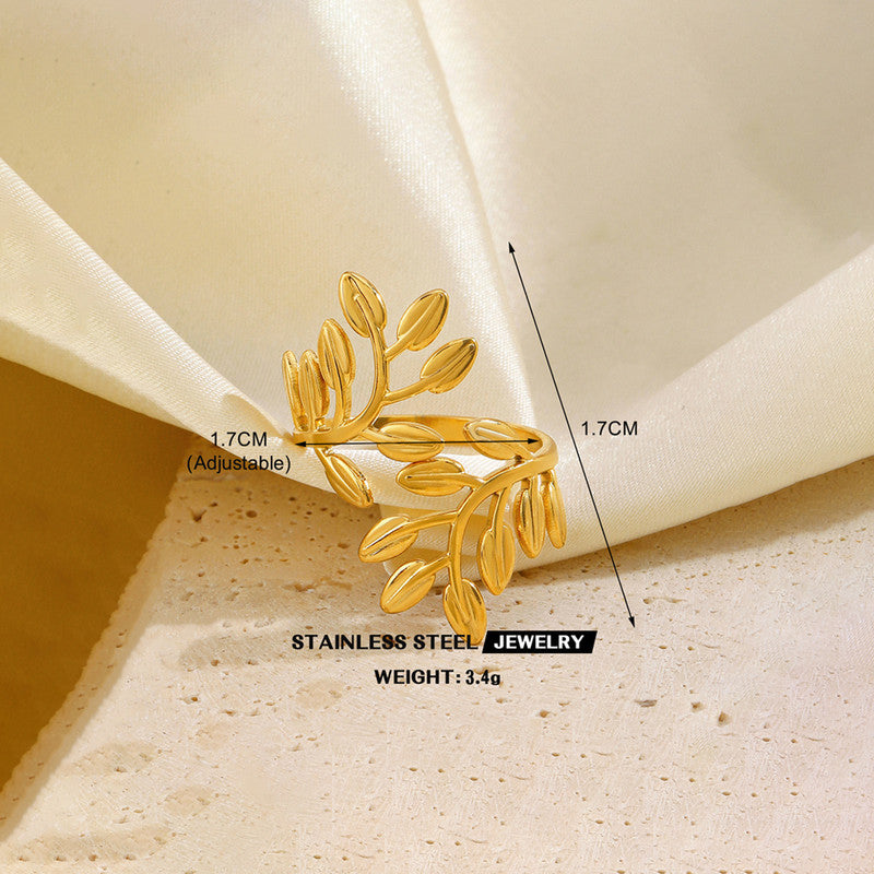 Gold Plated Anti Tarnish Stainless Steel Leaf Themed Adjustable Finger Ring