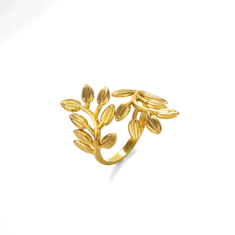 Gold Plated Anti Tarnish Stainless Steel Leaf Themed Adjustable Finger Ring