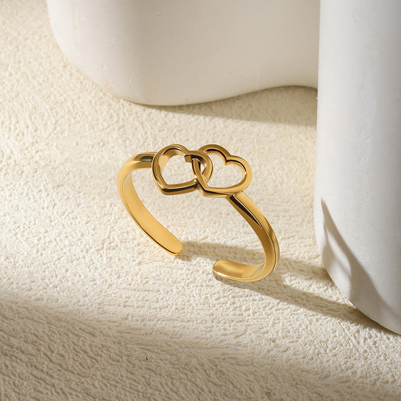Gold Plated Anti Tarnish Stainless Steel Heart Themed Adjustable Finger Ring