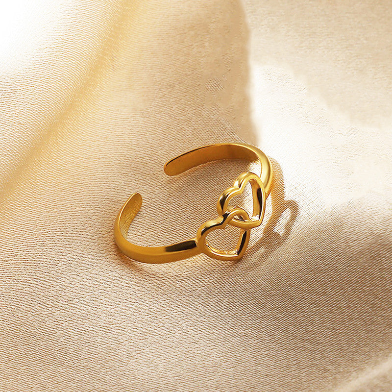 Gold Plated Anti Tarnish Stainless Steel Heart Themed Adjustable Finger Ring
