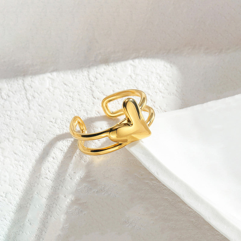 Gold Plated Anti Tarnish Stainless Steel Heart Themed Adjustable Finger Ring