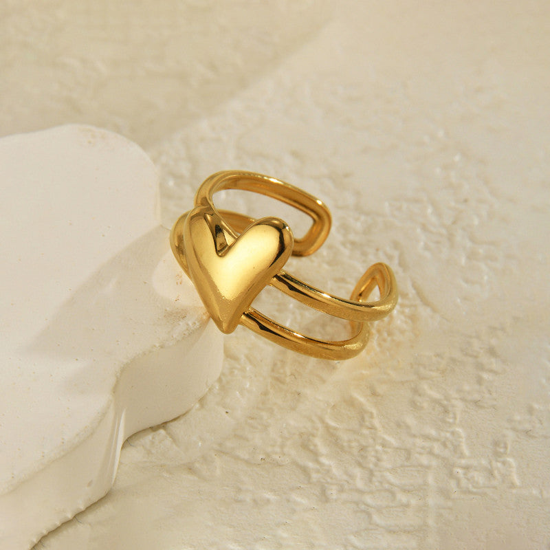 Gold Plated Anti Tarnish Stainless Steel Heart Themed Adjustable Finger Ring