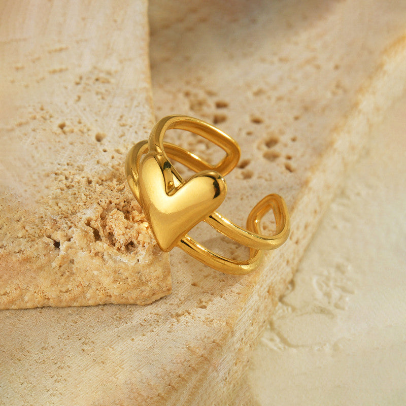 Gold Plated Anti Tarnish Stainless Steel Heart Themed Adjustable Finger Ring