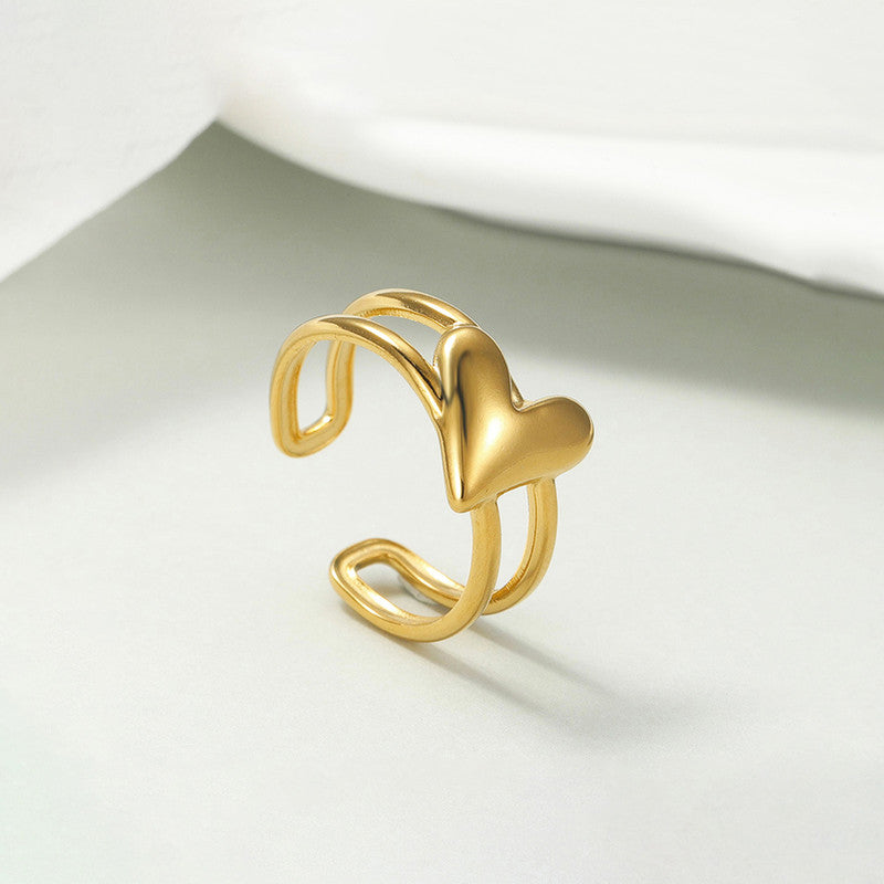 Gold Plated Anti Tarnish Stainless Steel Heart Themed Adjustable Finger Ring