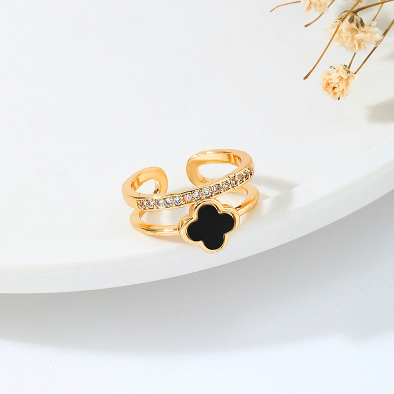 Gold Plated Anti Tarnish Stainless Steel Clover Themed Adjustable Finger Ring