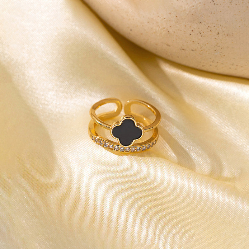 Gold Plated Anti Tarnish Stainless Steel Clover Themed Adjustable Finger Ring