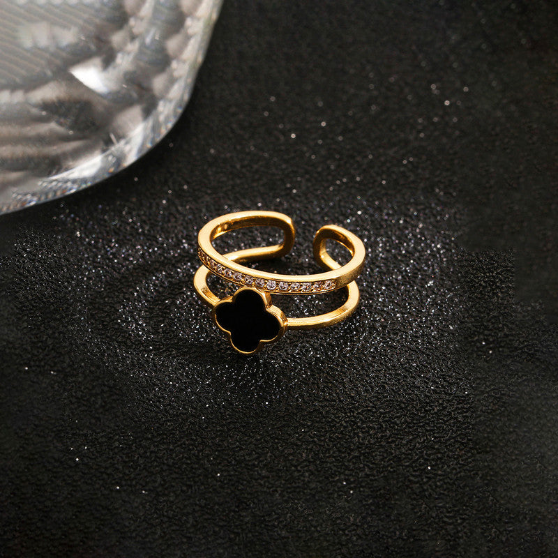 Gold Plated Anti Tarnish Stainless Steel Clover Themed Adjustable Finger Ring