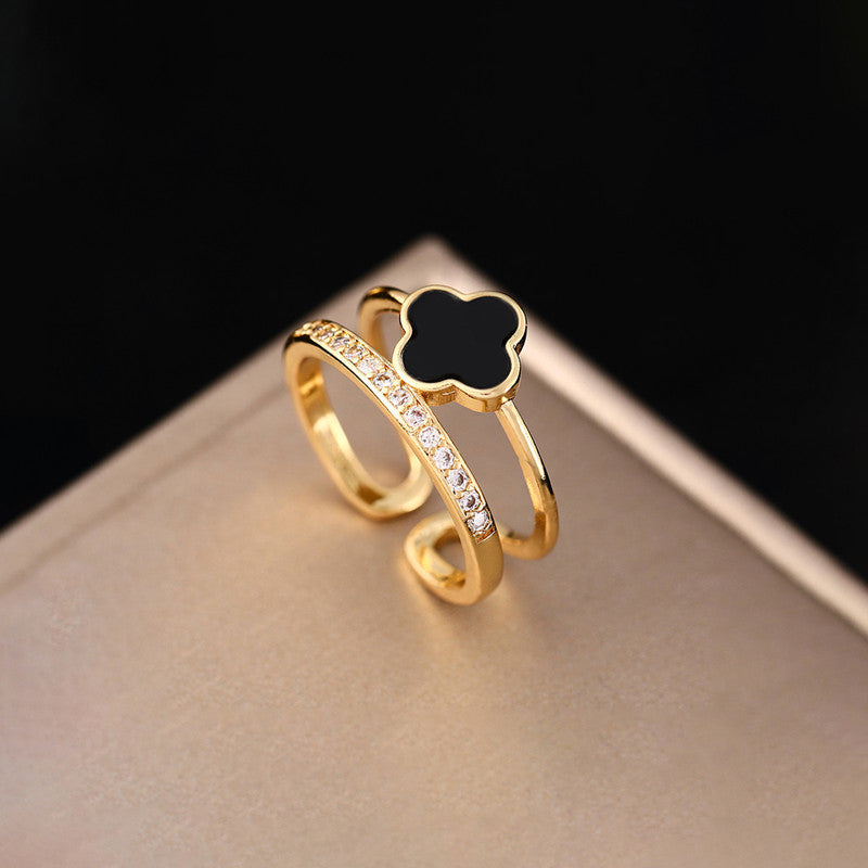 Gold Plated Anti Tarnish Stainless Steel Clover Themed Adjustable Finger Ring