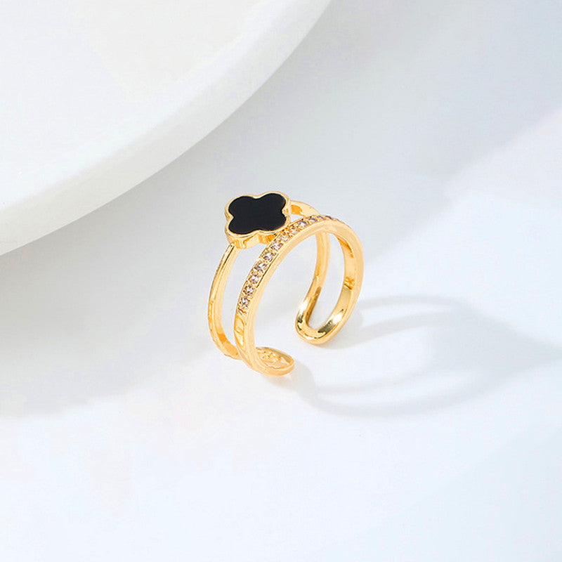 Gold Plated Anti Tarnish Stainless Steel Clover Themed Adjustable Finger Ring