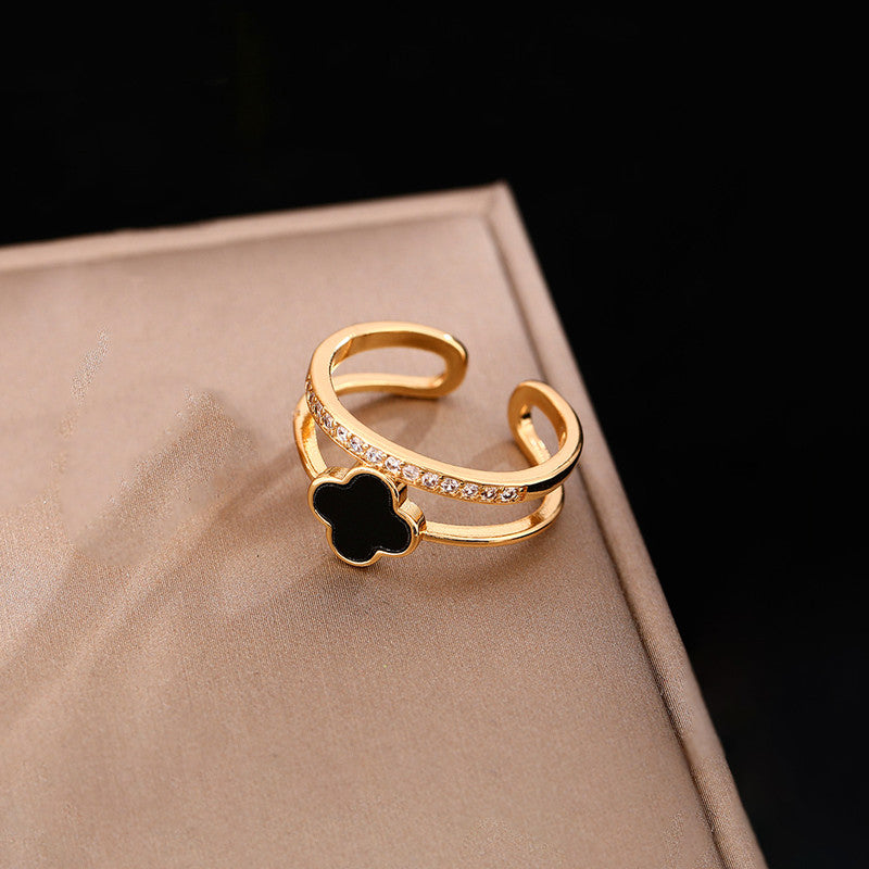 Gold Plated Anti Tarnish Stainless Steel Clover Themed Adjustable Finger Ring