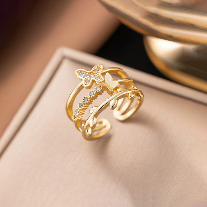 Gold Plated Anti Tarnish Stainless Steel Butterfly Themed Adjustable Finger Ring
