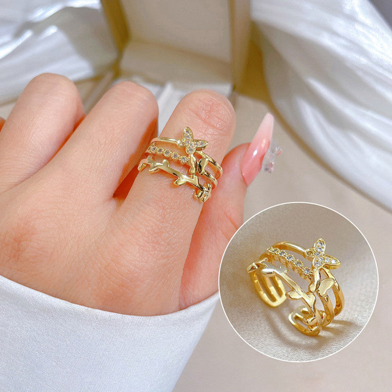 Gold Plated Anti Tarnish Stainless Steel Butterfly Themed Adjustable Finger Ring
