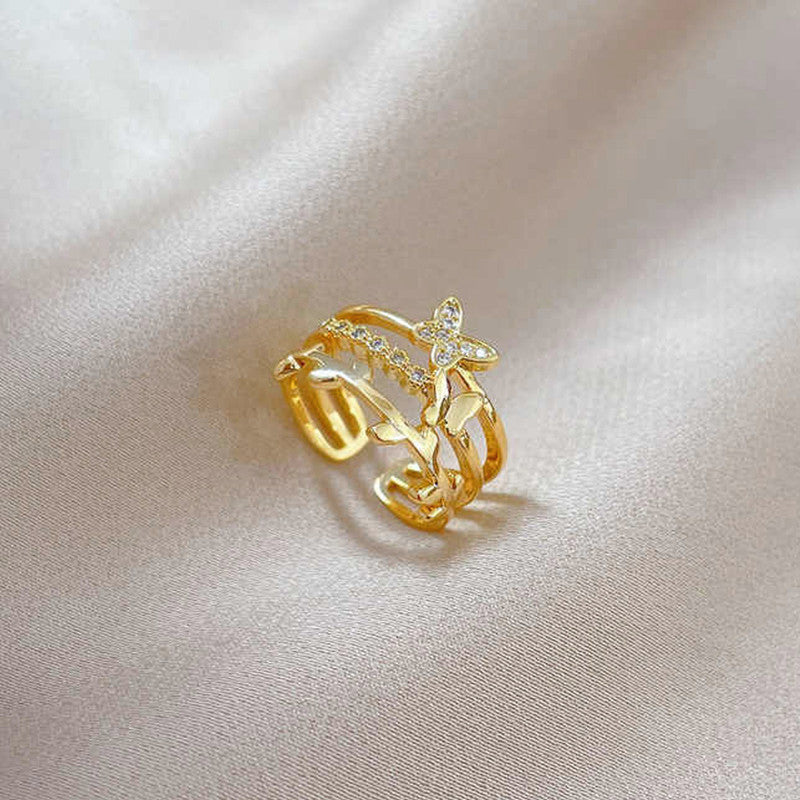 Gold Plated Anti Tarnish Stainless Steel Butterfly Themed Adjustable Finger Ring