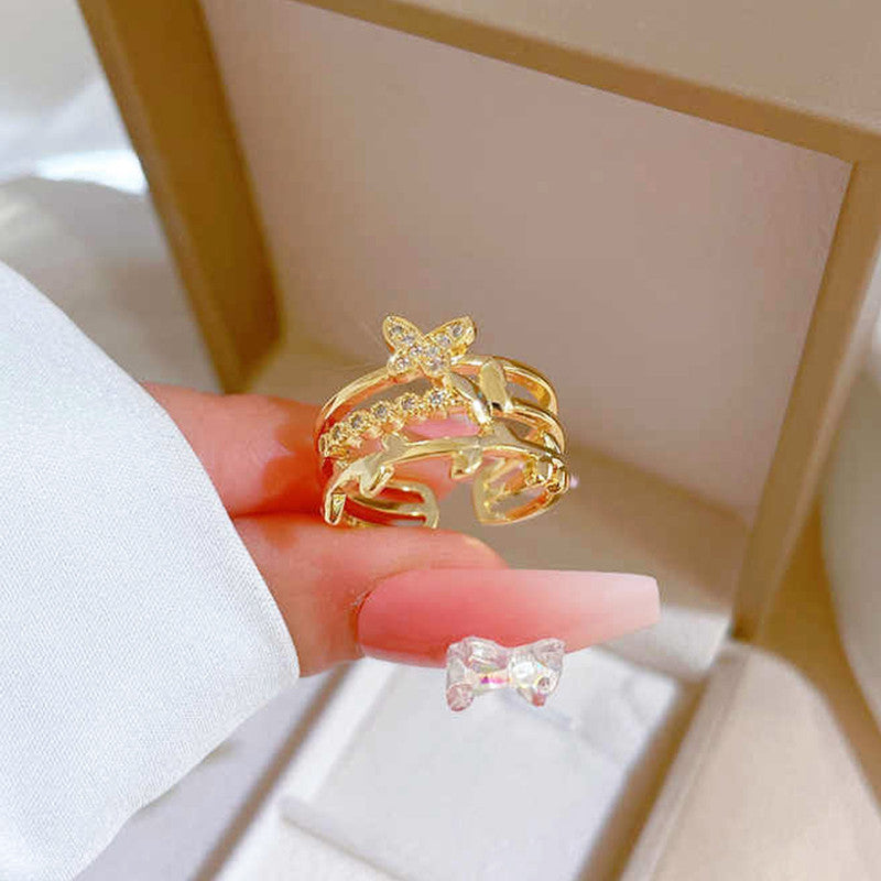 Gold Plated Anti Tarnish Stainless Steel Butterfly Themed Adjustable Finger Ring