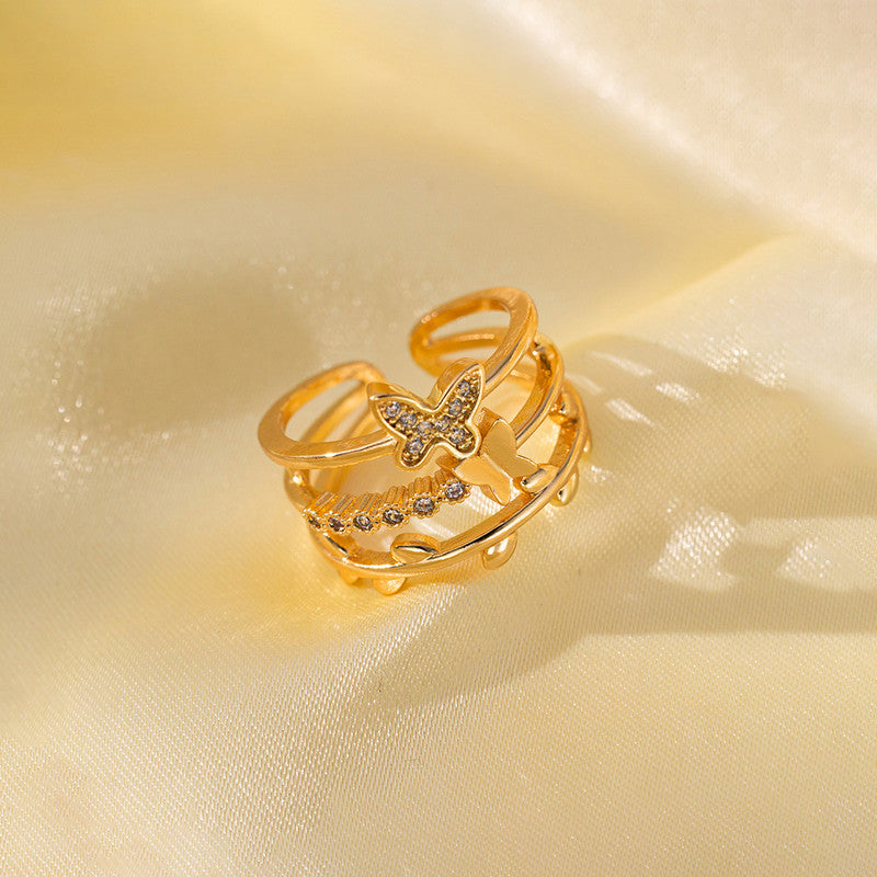 Gold Plated Anti Tarnish Stainless Steel Butterfly Themed Adjustable Finger Ring